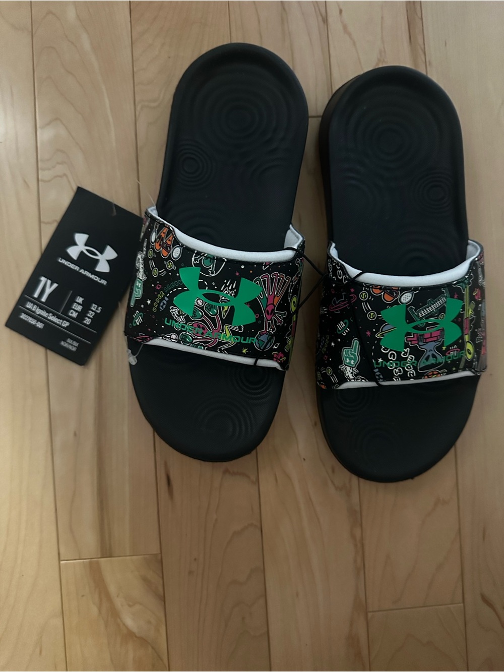 Under Armour Black Slides with Neon Graphic Strap and Green Logo